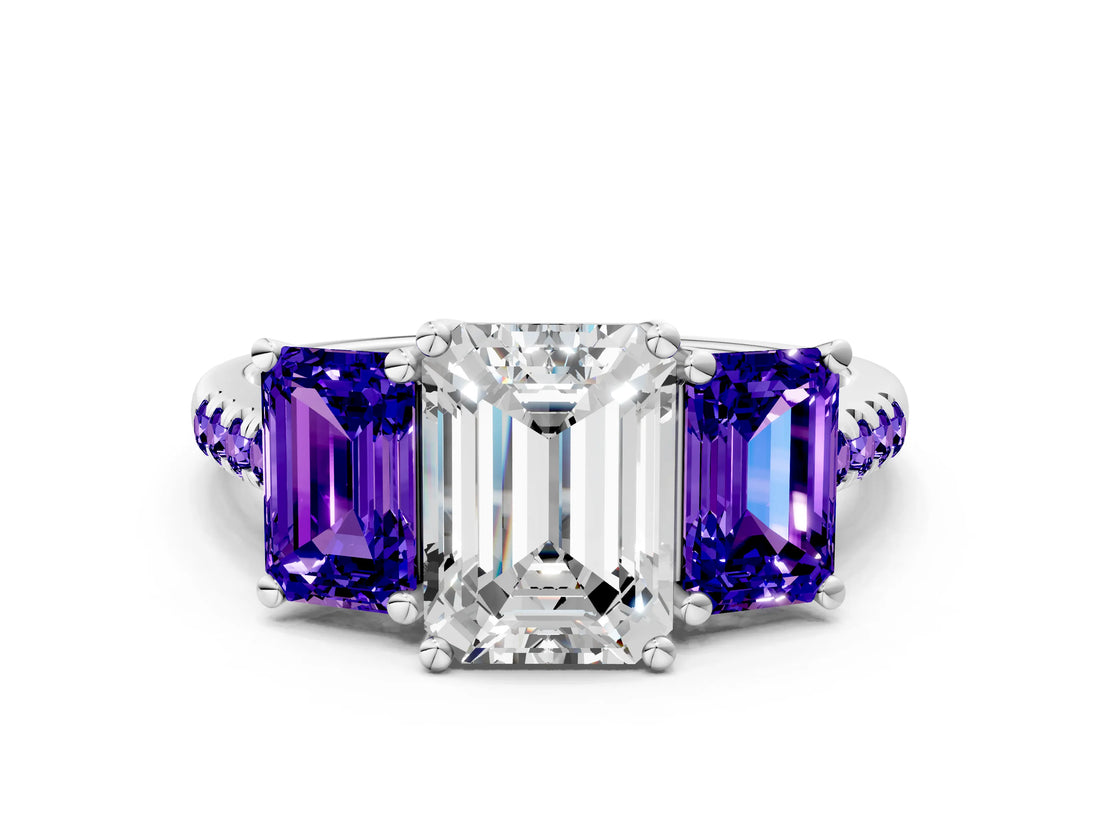 White gold Three-Stone Emerald Cut Diamond Ring with Round with Tanzanite side stone Pavé Band and Prong Setting