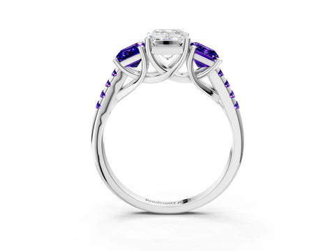 White gold Three-Stone Emerald Cut Diamond Ring with Round with Tanzanite side stone Pavé Band and Prong Setting_3