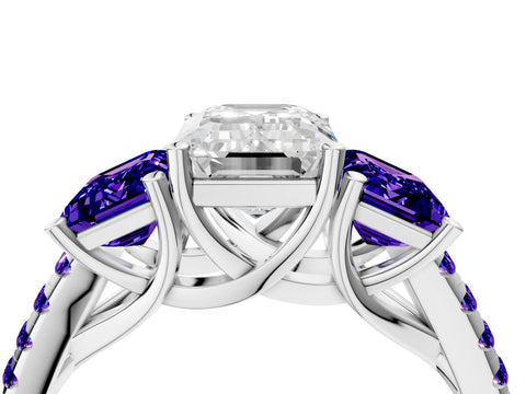 White gold Three-Stone Emerald Cut Diamond Ring with Round with Tanzanite side stone Pavé Band and Prong Setting_4