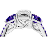 White gold Three-Stone Emerald Cut Diamond Ring with Round with Tanzanite side stone Pavé Band and Prong Setting_4