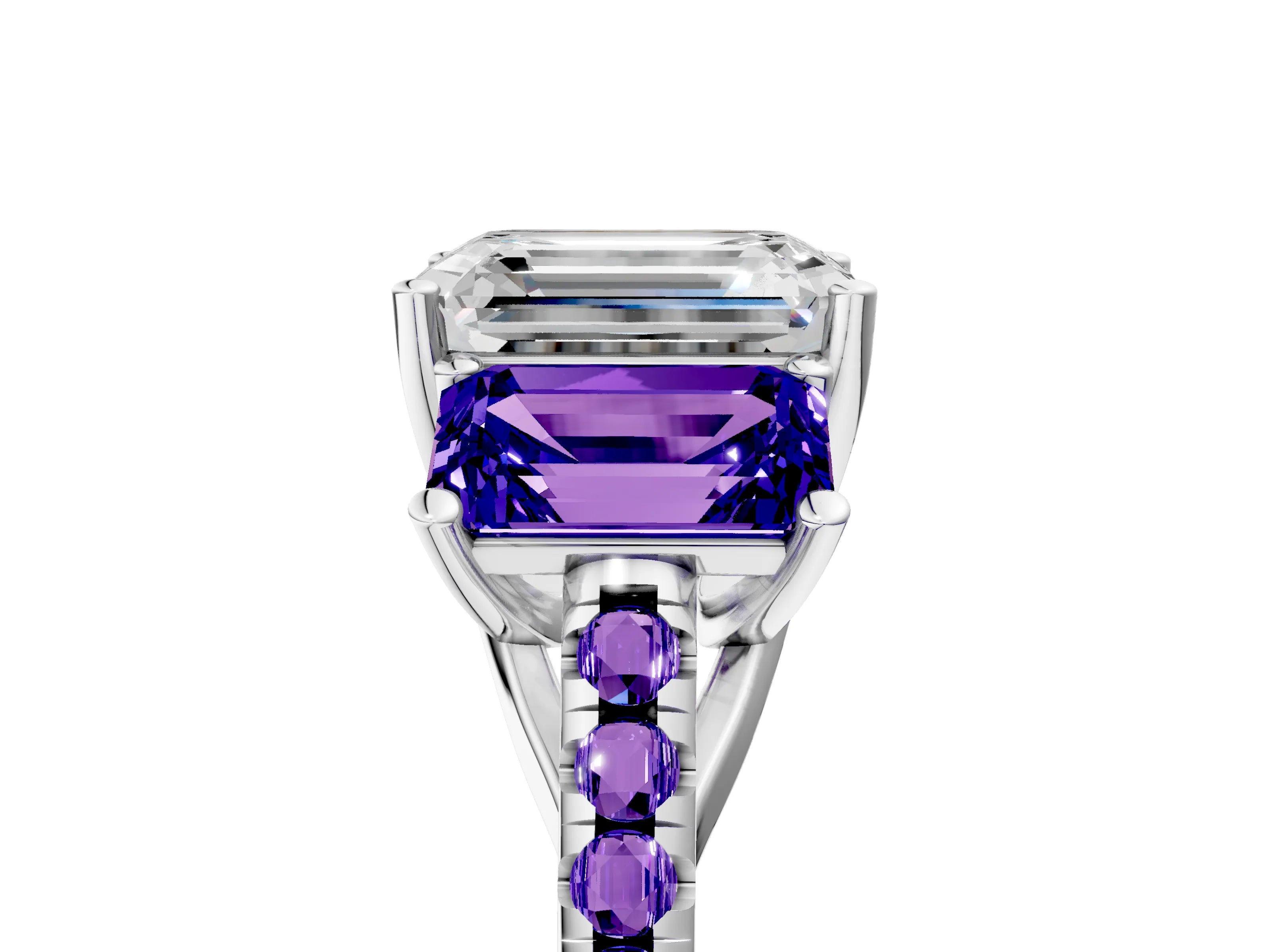 White gold Three-Stone Emerald Cut Diamond Ring with Round with Tanzanite side stone Pavé Band and Prong Setting_5