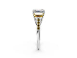 White gold Three-Stone Emerald Cut Diamond Ring with Round with Yellow Sapphire side stone Pavé Band and Prong Setting_14
