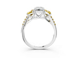 White gold Three-Stone Emerald Cut Diamond Ring with Round with Yellow Sapphire side stone Pavé Band and Prong Setting_15