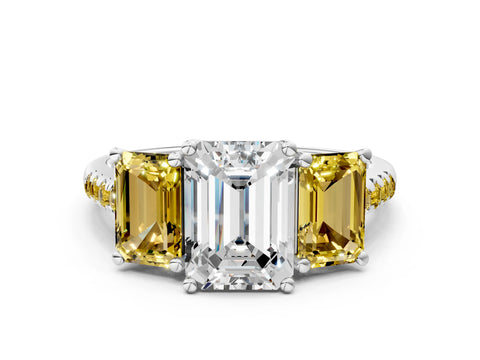 White gold Three-Stone Emerald Cut Diamond Ring with Round with Yellow Sapphire side stone Pavé Band and Prong Setting