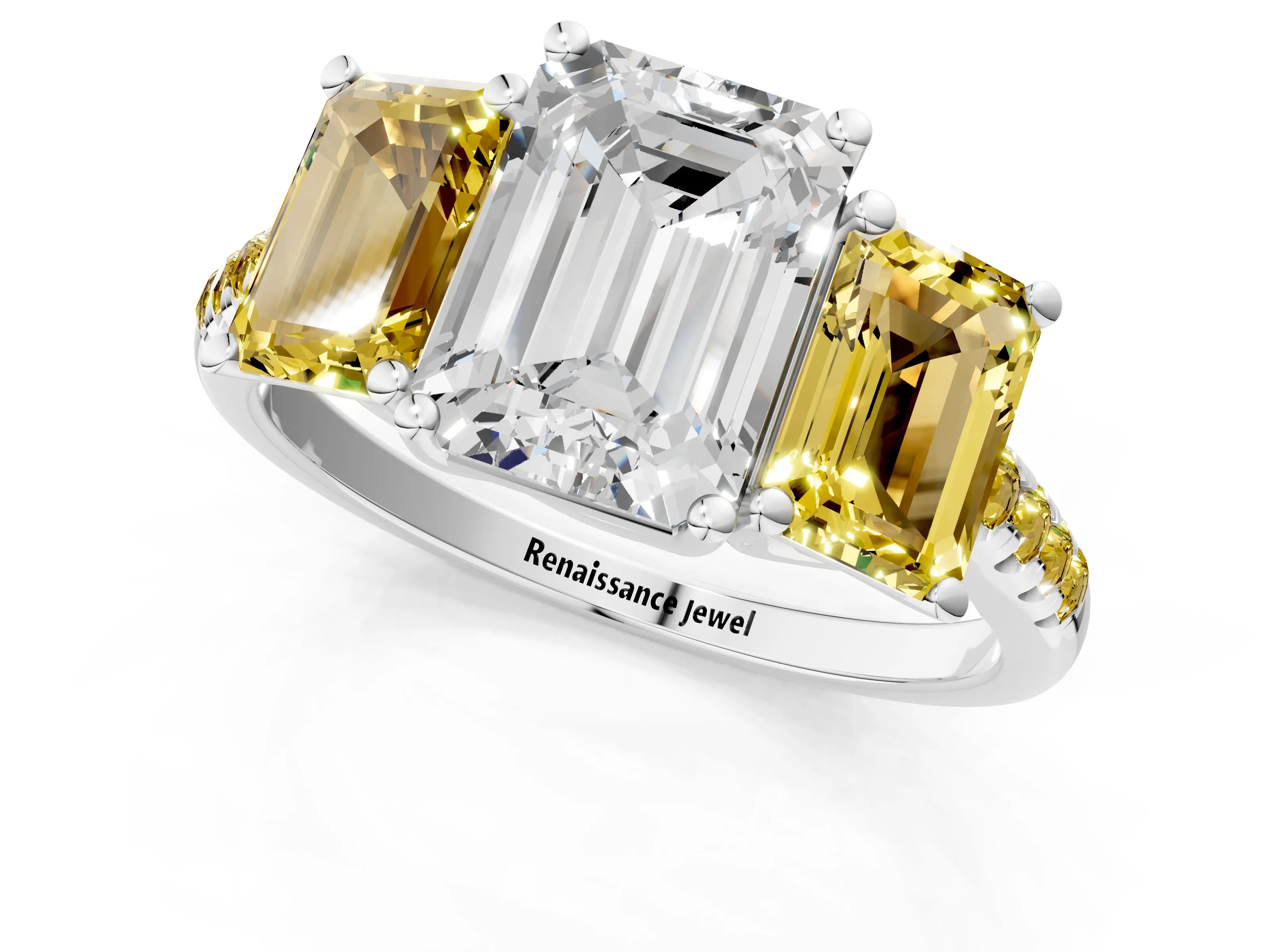 White gold Three-Stone Emerald Cut Diamond Ring with Round with Yellow Sapphire side stone Pavé Band and Prong Setting_1