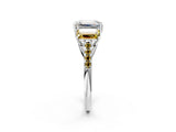 White gold Three-Stone Emerald Cut Diamond Ring with Round with Yellow Sapphire side stone Pavé Band and Prong Setting_2
