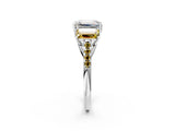 White gold Three-Stone Emerald Cut Diamond Ring with Round with Yellow Sapphire side stone Pavé Band and Prong Setting_20