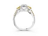 White gold Three-Stone Emerald Cut Diamond Ring with Round with Yellow Sapphire side stone Pavé Band and Prong Setting_21