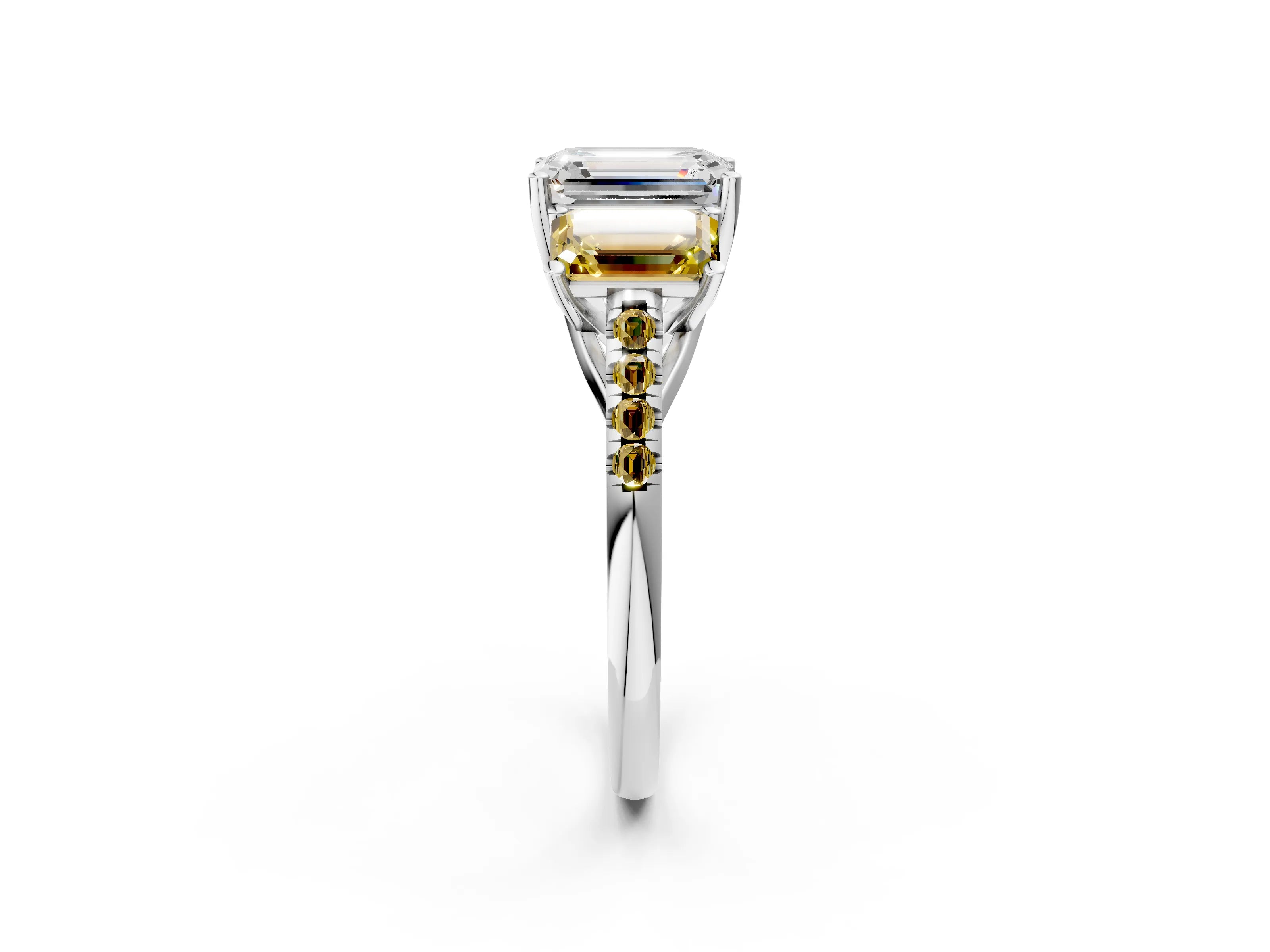 White gold Three-Stone Emerald Cut Diamond Ring with Round with Yellow Sapphire side stone Pavé Band and Prong Setting_2