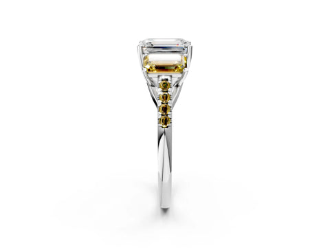 White gold Three-Stone Emerald Cut Diamond Ring with Round with Yellow Sapphire side stone Pavé Band and Prong Setting_2