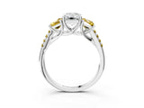 White gold Three-Stone Emerald Cut Diamond Ring with Round with Yellow Sapphire side stone Pavé Band and Prong Setting_3