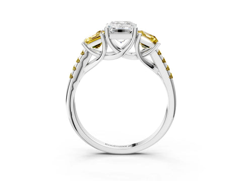 White gold Three-Stone Emerald Cut Diamond Ring with Round with Yellow Sapphire side stone Pavé Band and Prong Setting_3