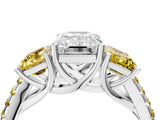 White gold Three-Stone Emerald Cut Diamond Ring with Round with Yellow Sapphire side stone Pavé Band and Prong Setting_4