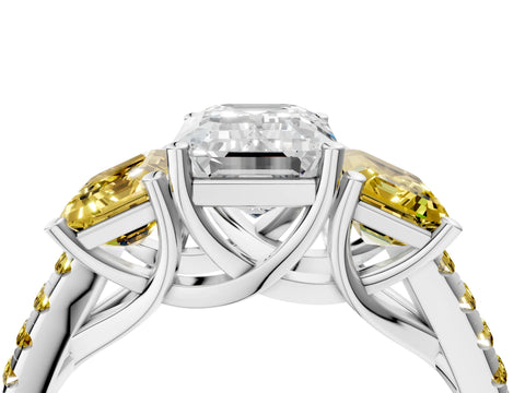 White gold Three-Stone Emerald Cut Diamond Ring with Round with Yellow Sapphire side stone Pavé Band and Prong Setting_4