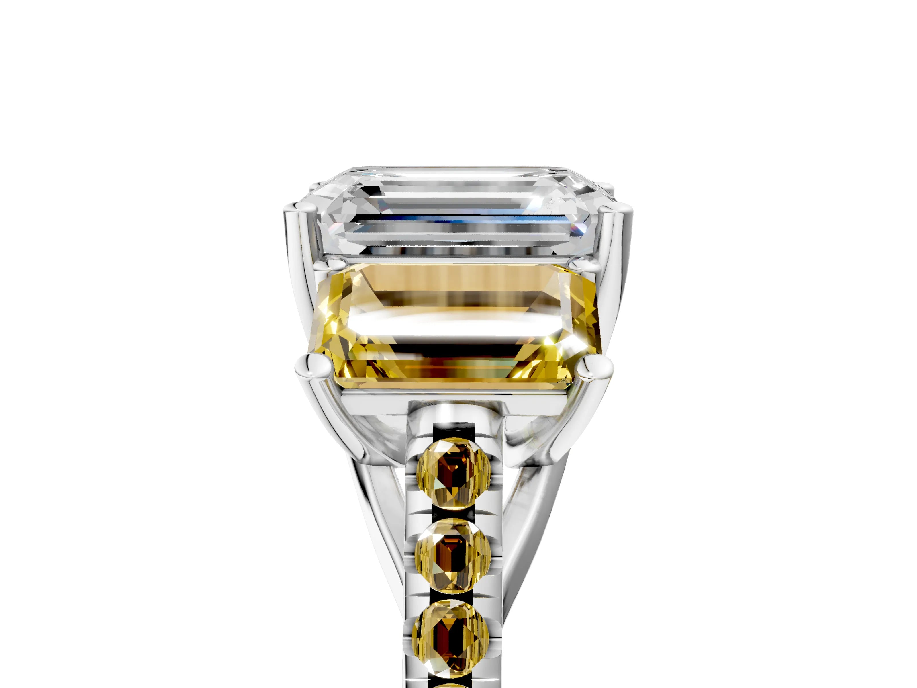White gold Three-Stone Emerald Cut Diamond Ring with Round with Yellow Sapphire side stone Pavé Band and Prong Setting_5