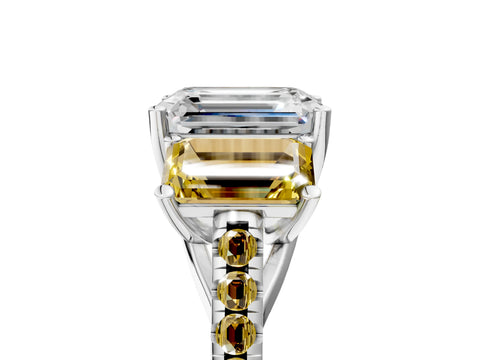 White gold Three-Stone Emerald Cut Diamond Ring with Round with Yellow Sapphire side stone Pavé Band and Prong Setting_5