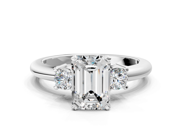 White gold Three-Stone Emerald Cut Diamond Solitaire with Prong Setting and Classic Band