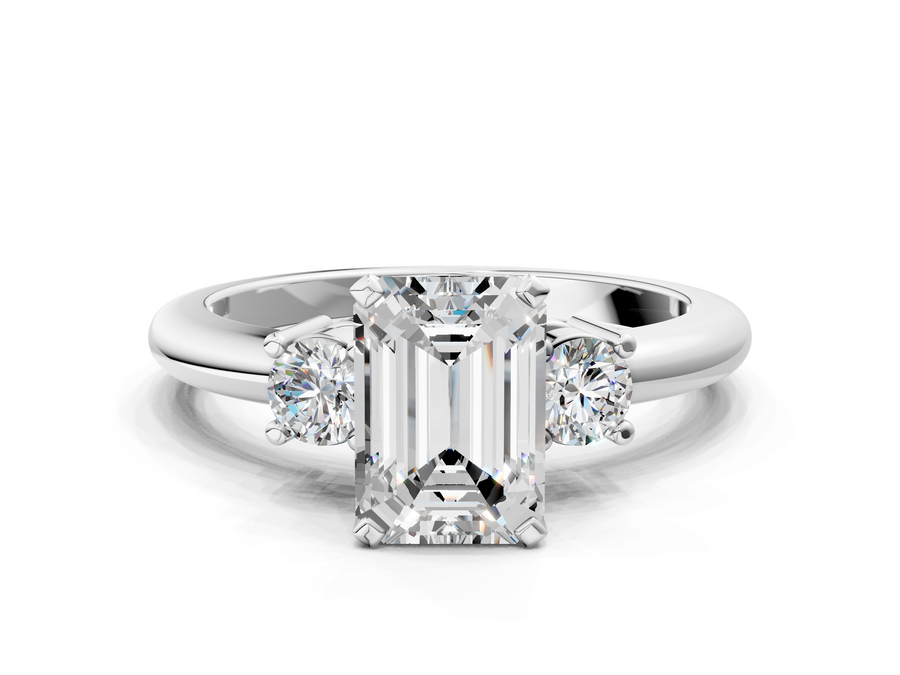 White gold Three-Stone Emerald Cut Diamond Solitaire with Prong Setting and Classic Band