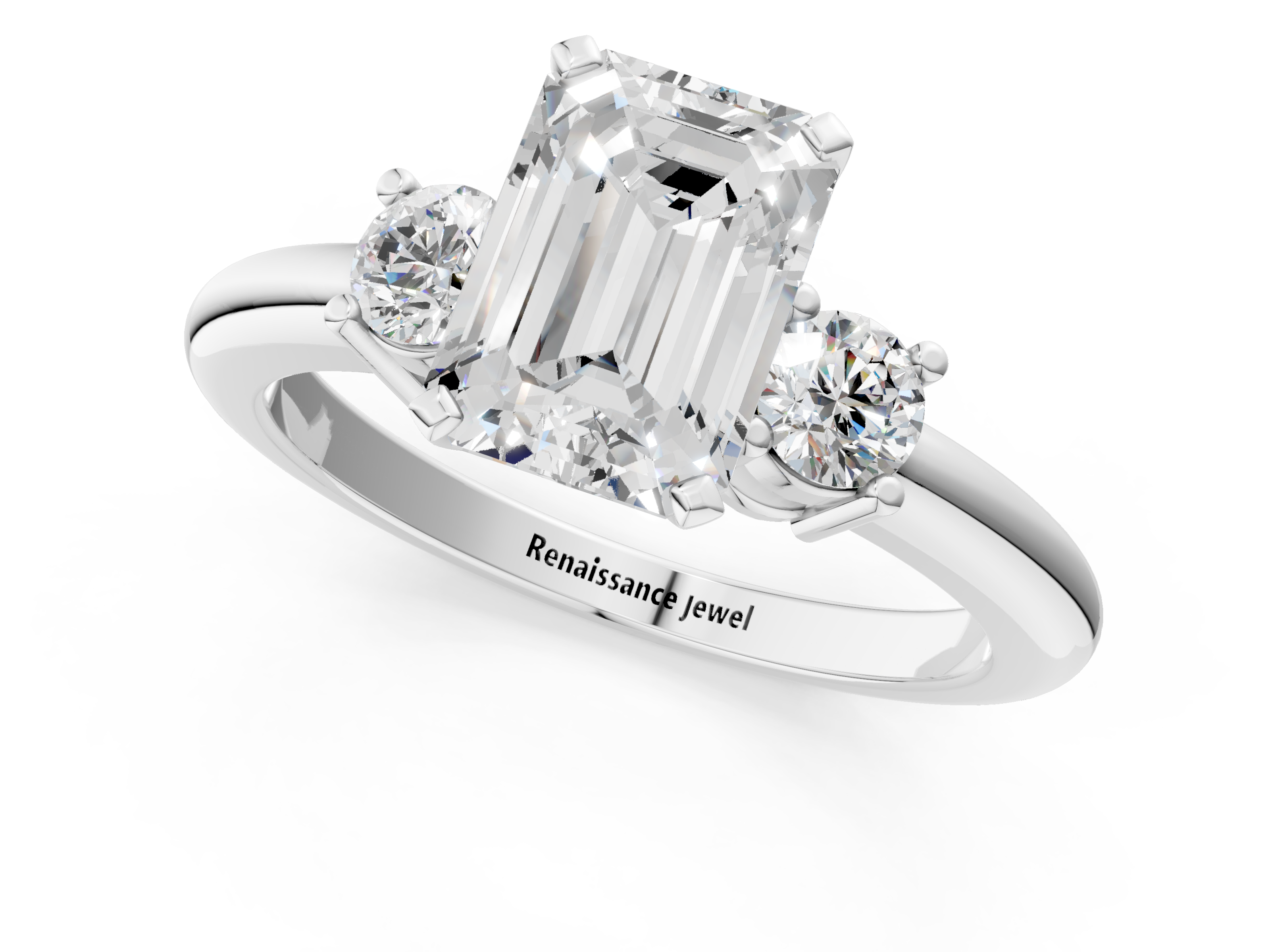 White gold Three-Stone Emerald Cut Diamond Solitaire with Prong Setting and Classic Band_94