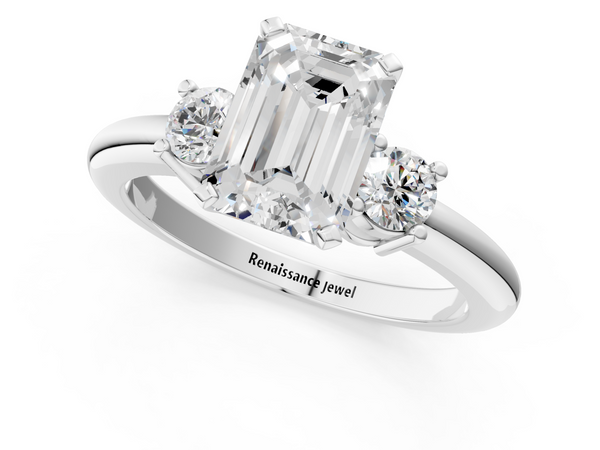 White gold Three-Stone Emerald Cut Diamond Solitaire with Prong Setting and Classic Band