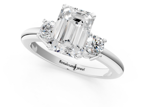 White gold Three-Stone Emerald Cut Diamond Solitaire with Prong Setting and Classic Band_94