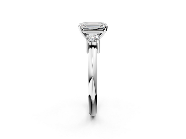White gold Three-Stone Emerald Cut Diamond Solitaire with Prong Setting and Classic Band