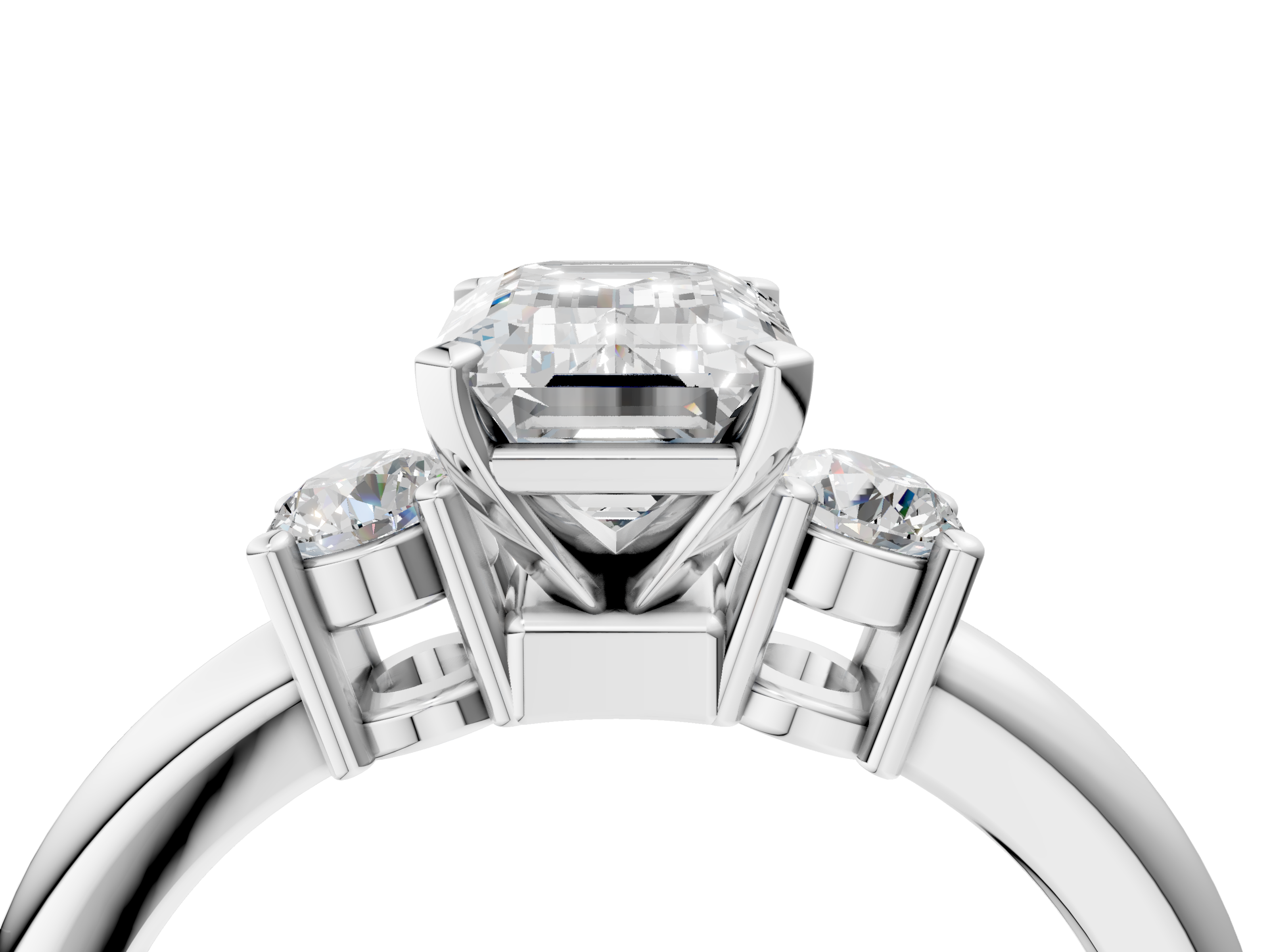 White gold Three-Stone Emerald Cut Diamond Solitaire with Prong Setting and Classic Band_97