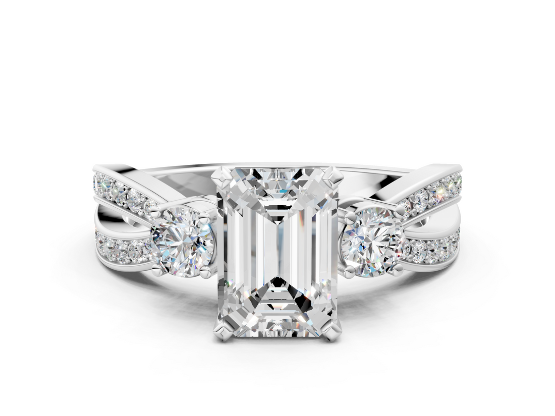 White gold Three-Stone Emerald Cut Diamond Twist Band with Prong Setting_81
