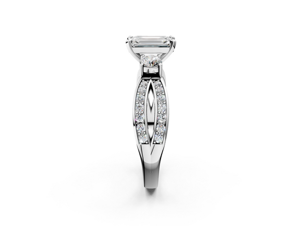 White Gold Emerald Cut Three Stone Engagement Ring Setting with Graduated Pave Split Twist Band