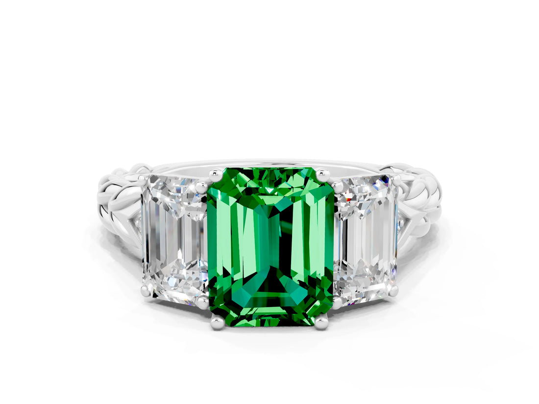 White gold Three-Stone Emerald Cut Emerald Braided Band Ring with Four-Prong Setting_36