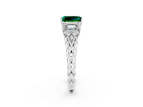 Platinum Three-Stone Emerald Cut Emerald Braided Band Ring with Four-Prong Setting