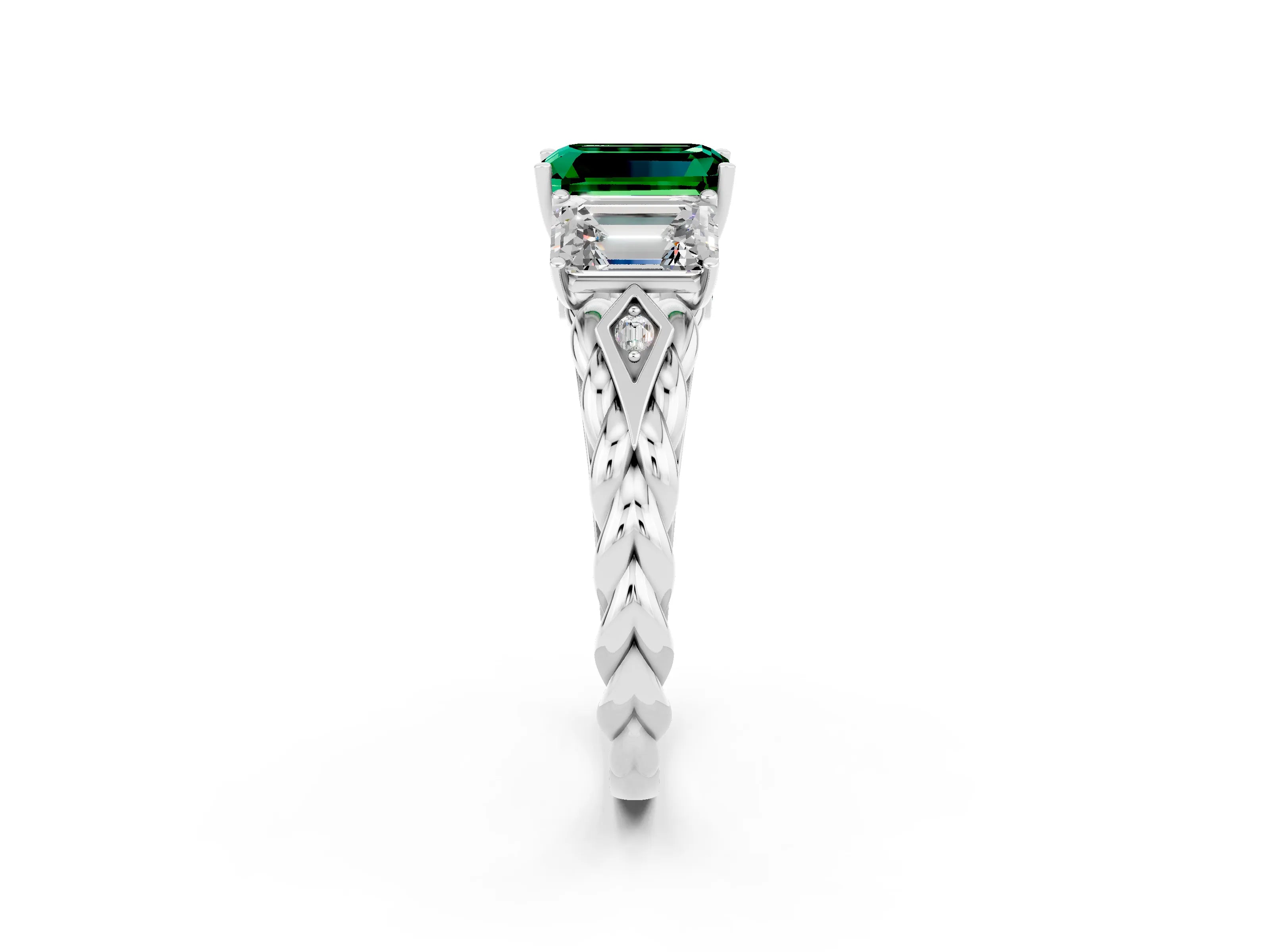 White gold Three-Stone Emerald Cut Emerald Braided Band Ring with Four-Prong Setting_38