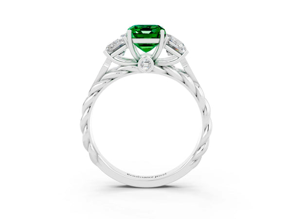 Platinum Three-Stone Emerald Cut Emerald Braided Band Ring with Four-Prong Setting
