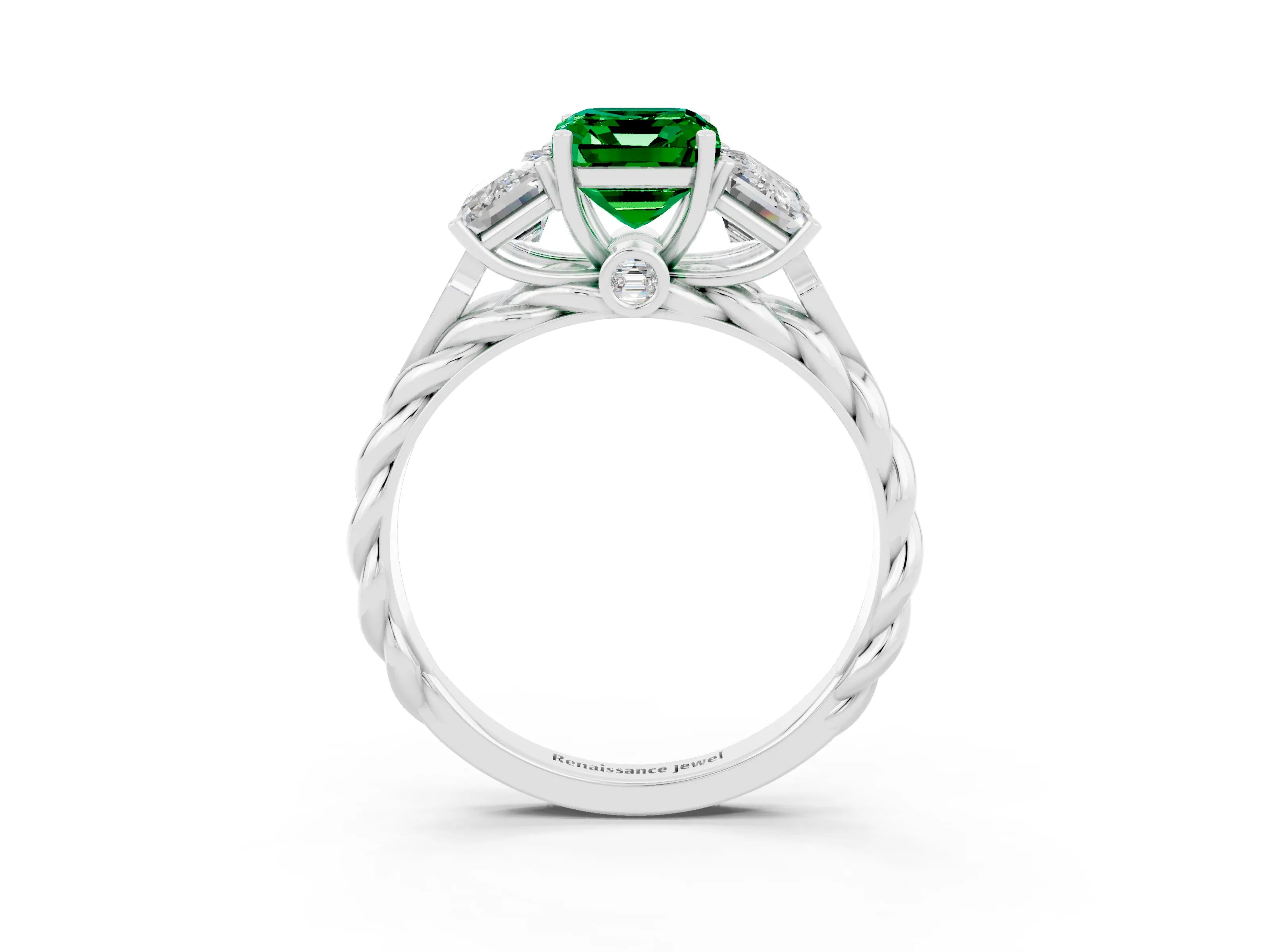 White gold Three-Stone Emerald Cut Emerald Braided Band Ring with Four-Prong Setting_39