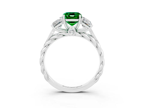 White gold Three-Stone Emerald Cut Emerald Braided Band Ring with Four-Prong Setting_39