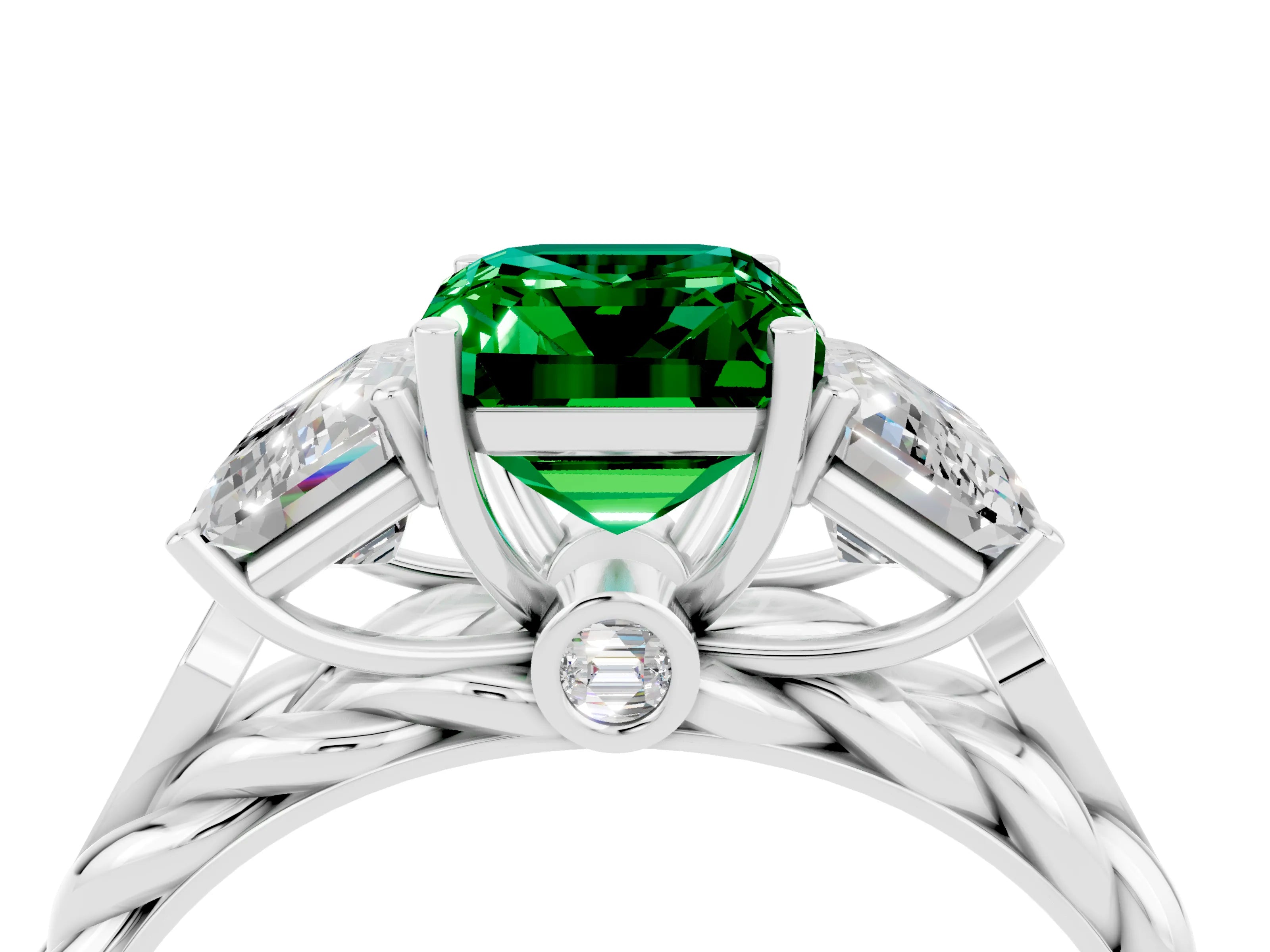 White gold Three-Stone Emerald Cut Emerald Braided Band Ring with Four-Prong Setting_40