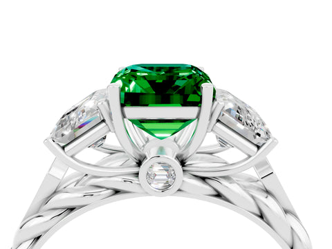 White gold Three-Stone Emerald Cut Emerald Braided Band Ring with Four-Prong Setting_40