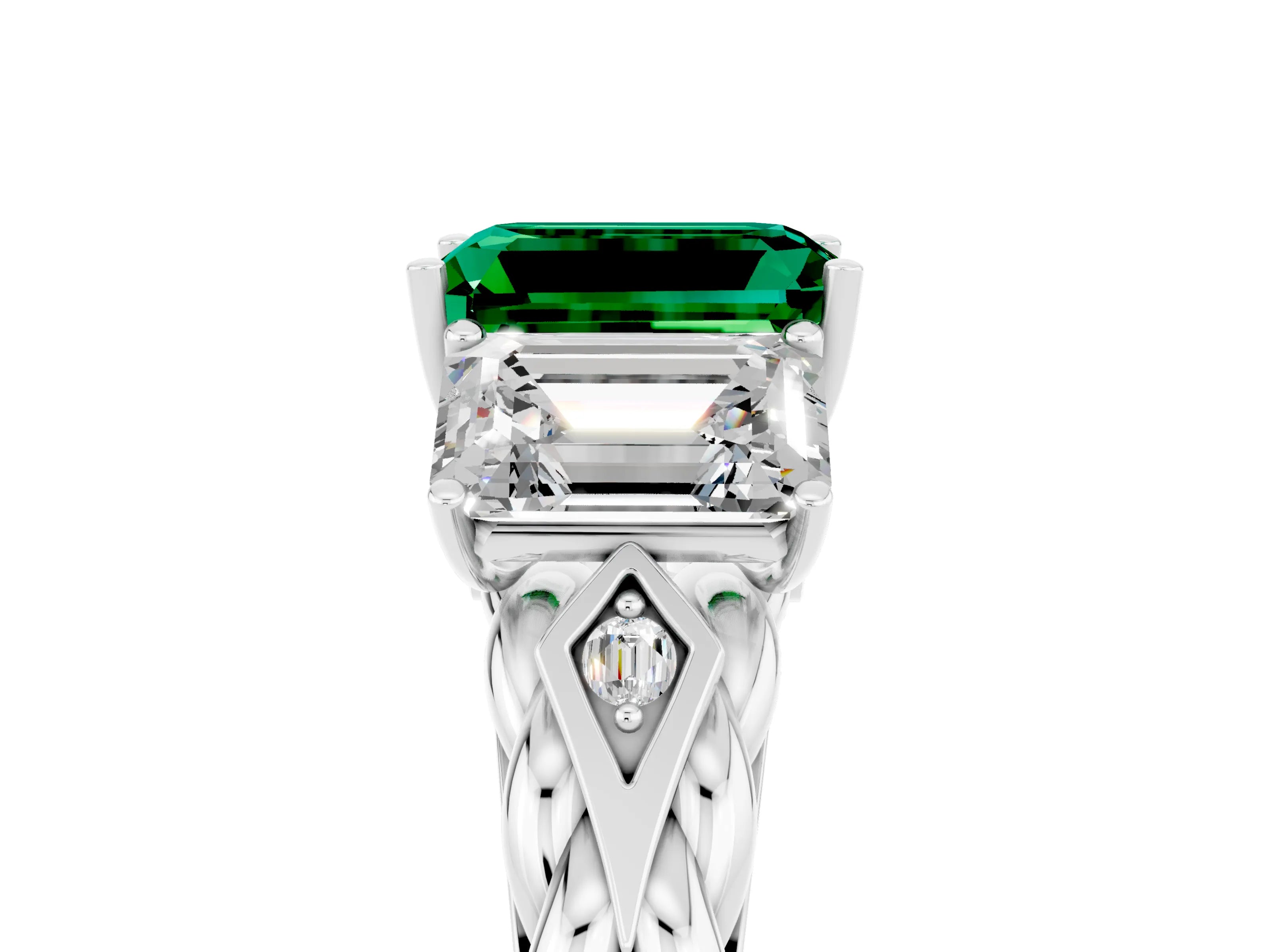 White gold Three-Stone Emerald Cut Emerald Braided Band Ring with Four-Prong Setting_41
