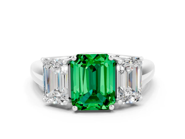 Platinum Three-Stone Emerald Cut Emerald Engagement Ring with Prong Setting