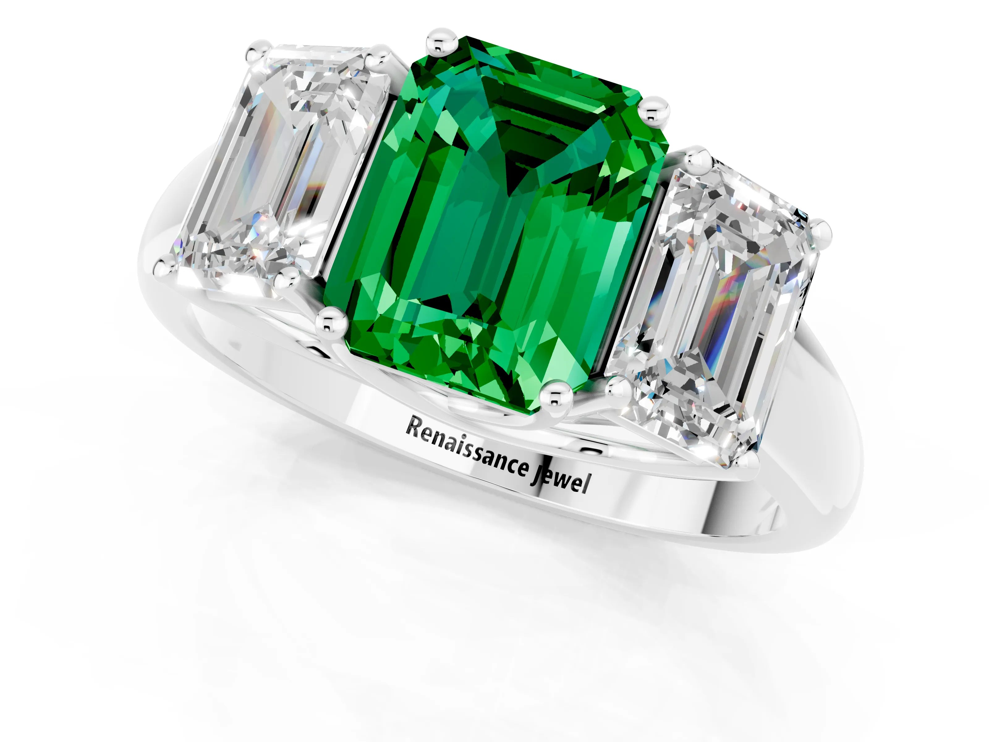 White gold Three-Stone Emerald Cut Emerald Engagement Ring with Prong Setting_1