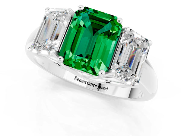 Silver Three-Stone Emerald Cut Emerald Engagement Ring with Prong Setting