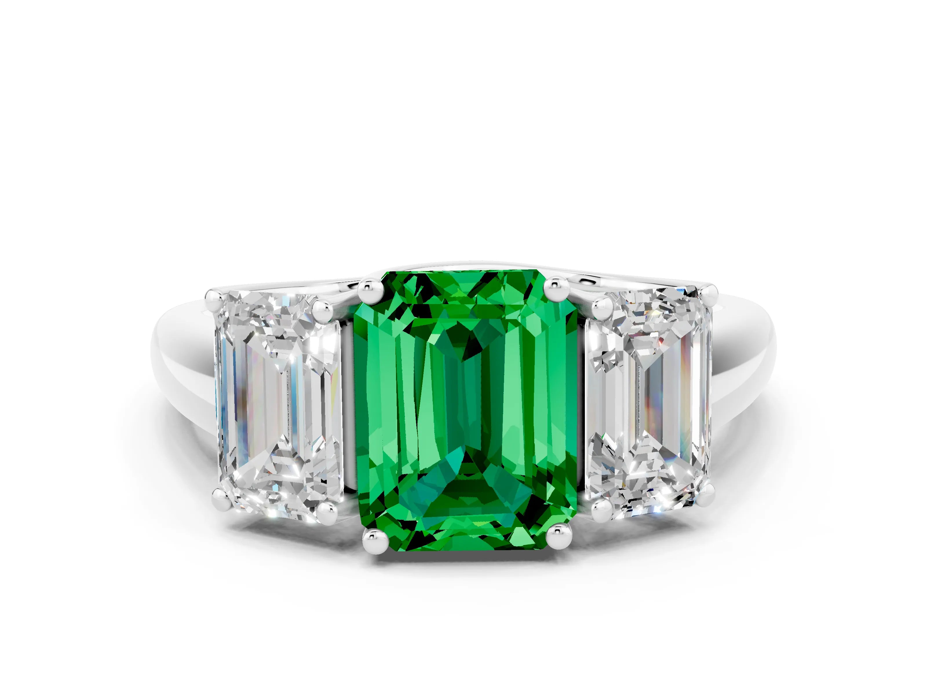 White gold Three-Stone Emerald Cut Emerald Engagement Ring with Prong Setting