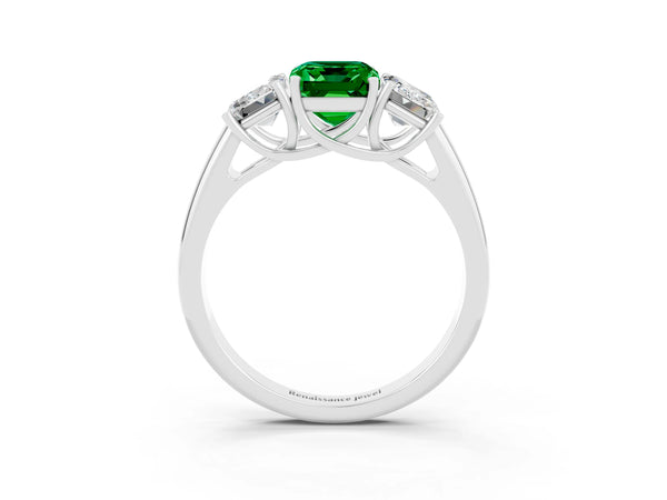 Platinum Three-Stone Emerald Cut Emerald Engagement Ring with Prong Setting