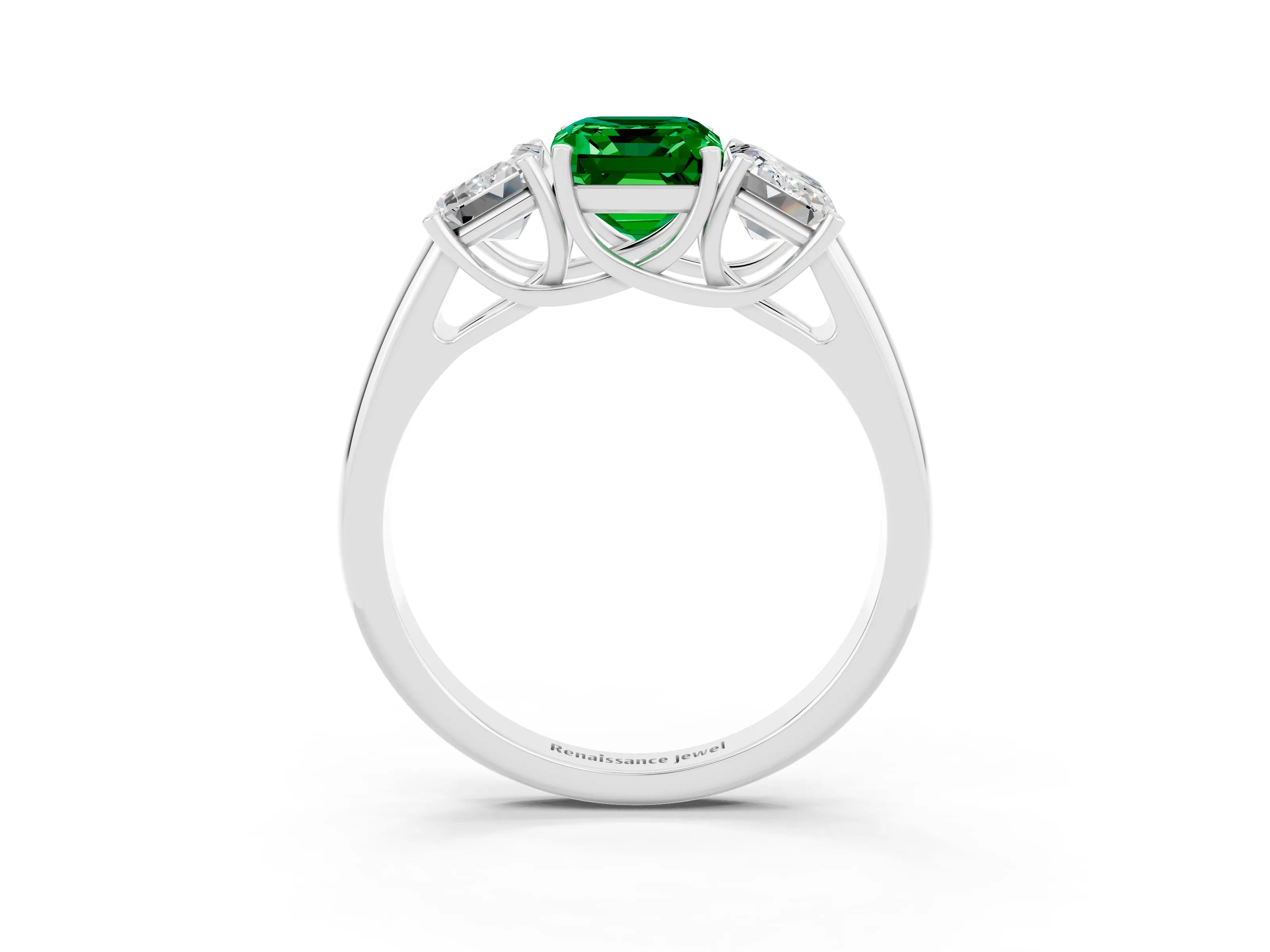 White gold Three-Stone Emerald Cut Emerald Engagement Ring with Prong Setting_3