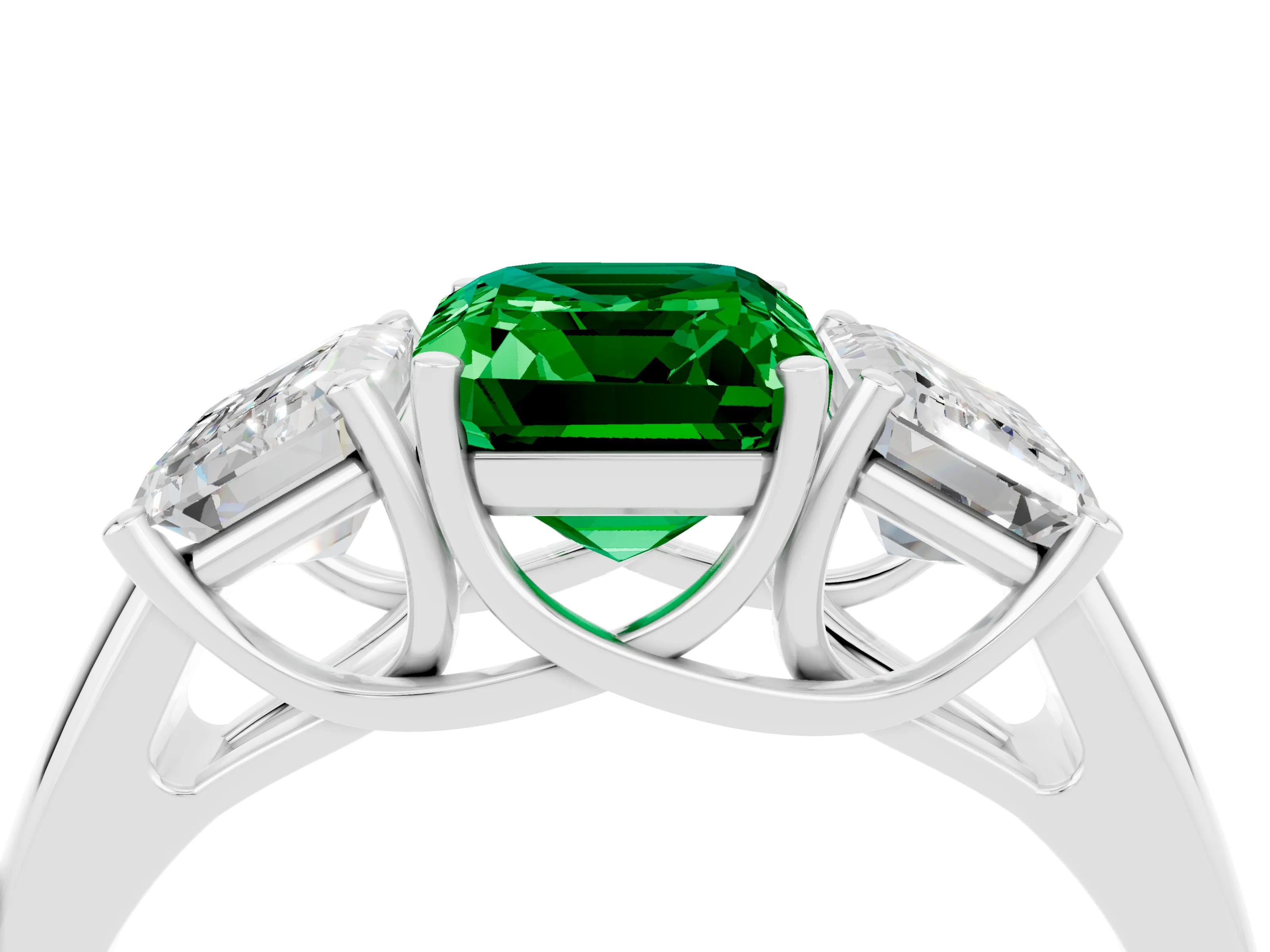 White gold Three-Stone Emerald Cut Emerald Engagement Ring with Prong Setting_4
