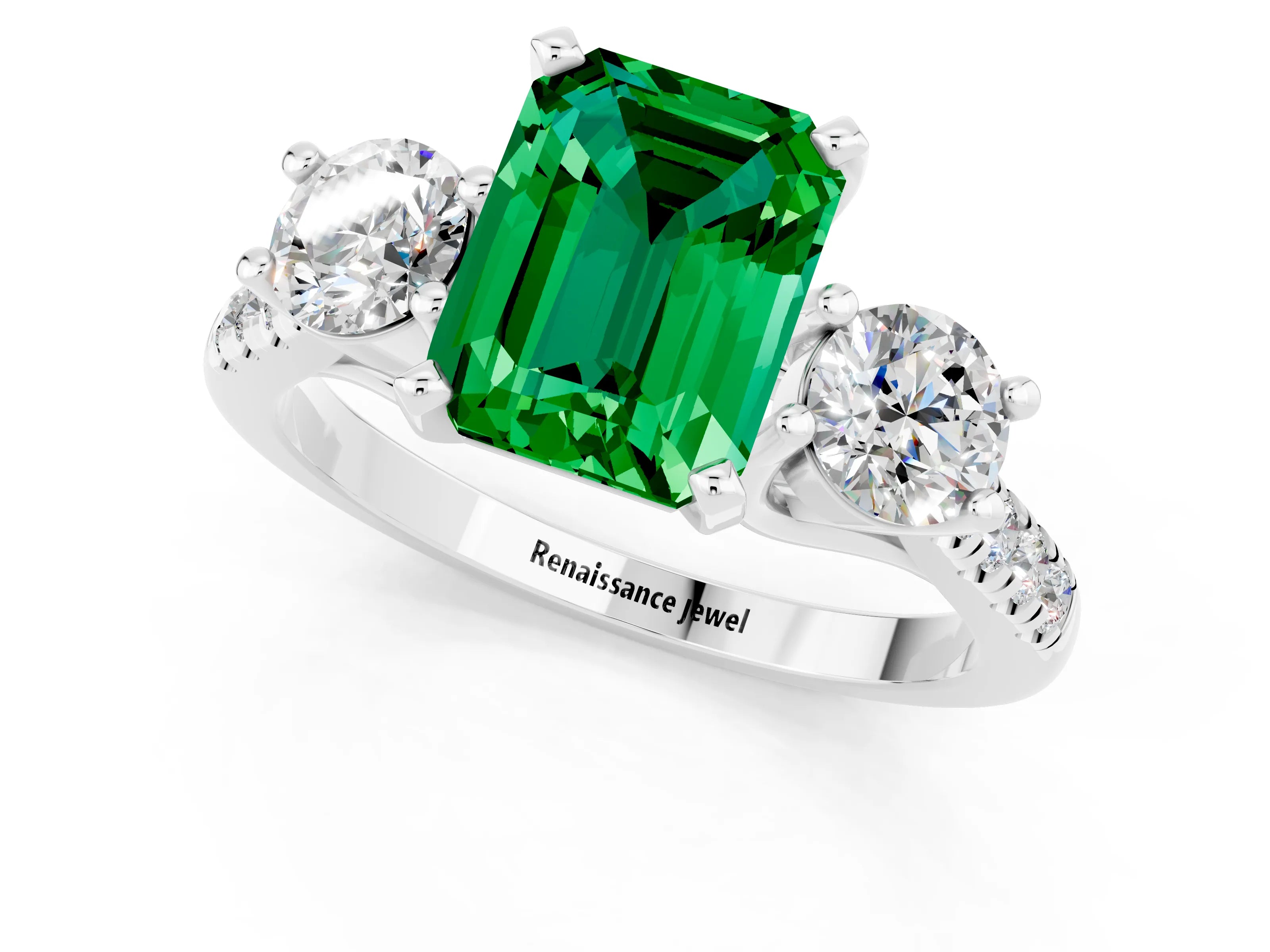 White gold Three-Stone Emerald Cut Emerald Pavé Band with Four-Prong Setting_1