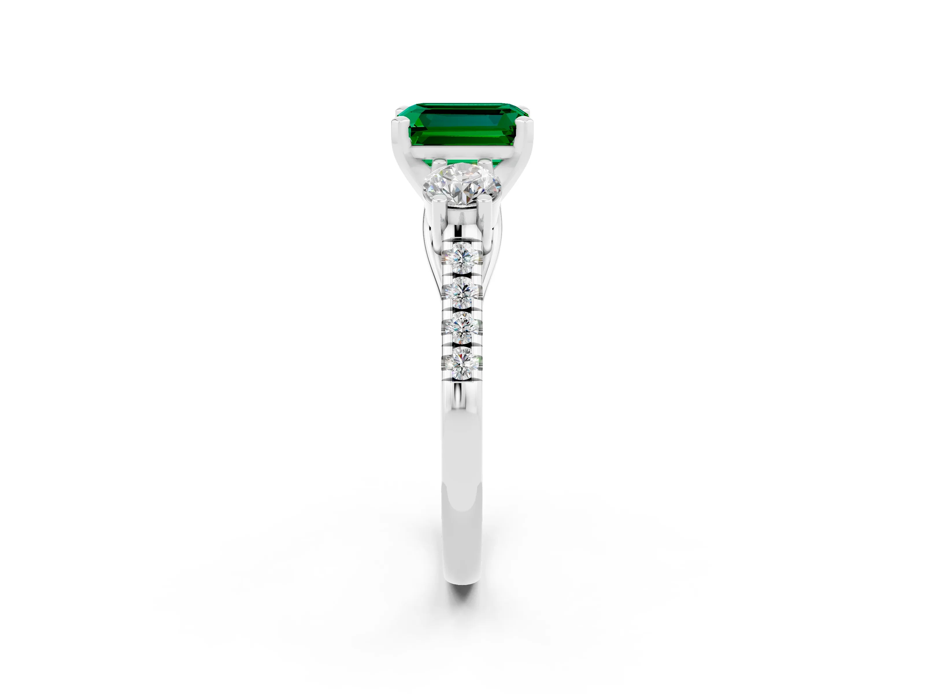 White gold Three-Stone Emerald Cut Emerald Pavé Band with Four-Prong Setting_2