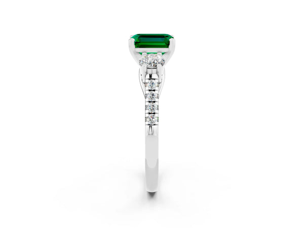 Silver Three-Stone Emerald Cut Emerald Pavé Band with Four-Prong Setting