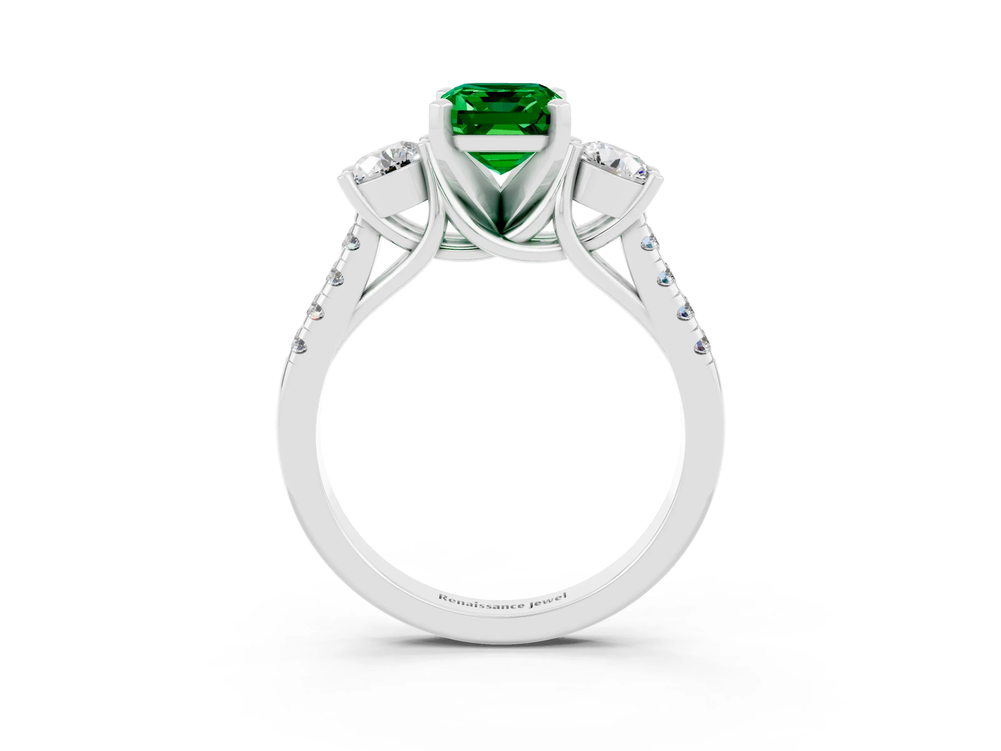 White gold Three-Stone Emerald Cut Emerald Pavé Band with Four-Prong Setting_3