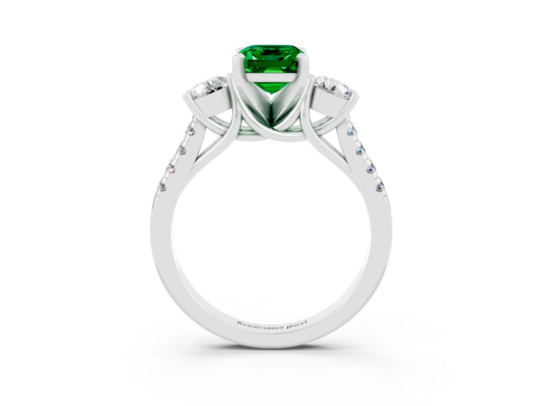White gold Three-Stone Emerald Cut Emerald Pavé Band with Four-Prong Setting